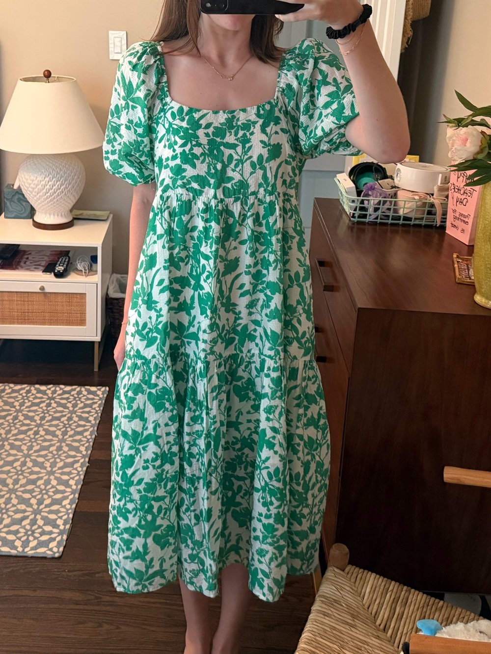 THML Green and White Botanical Puff-Sleeve Midi Dress